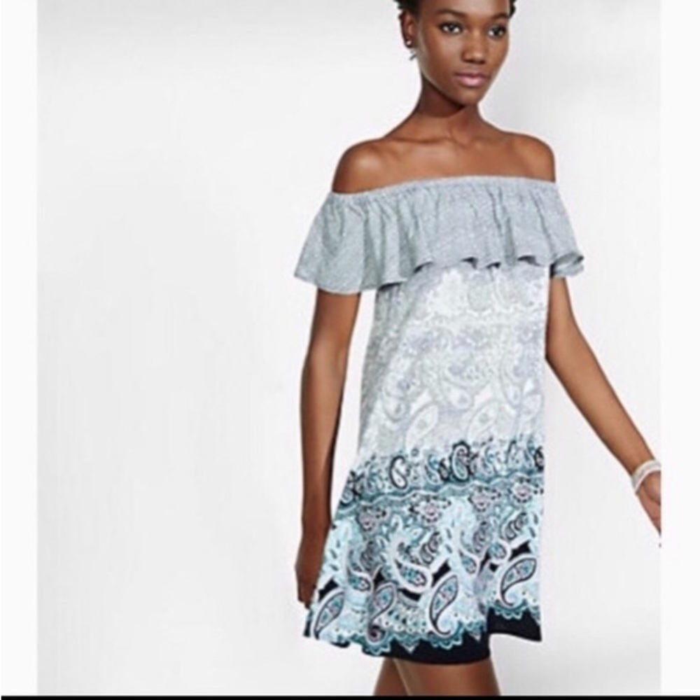Express Off the Shoulder Paisley Dress Black, White and Blue